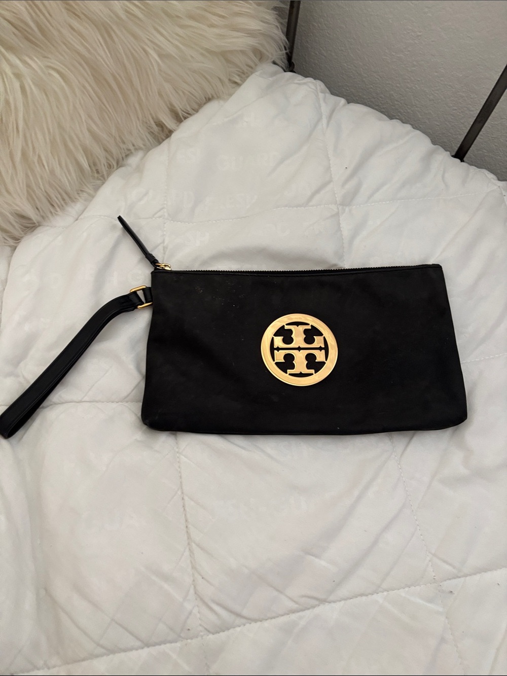 Tory Burch Black Wristlet Clutch with Gold Logo Medallion